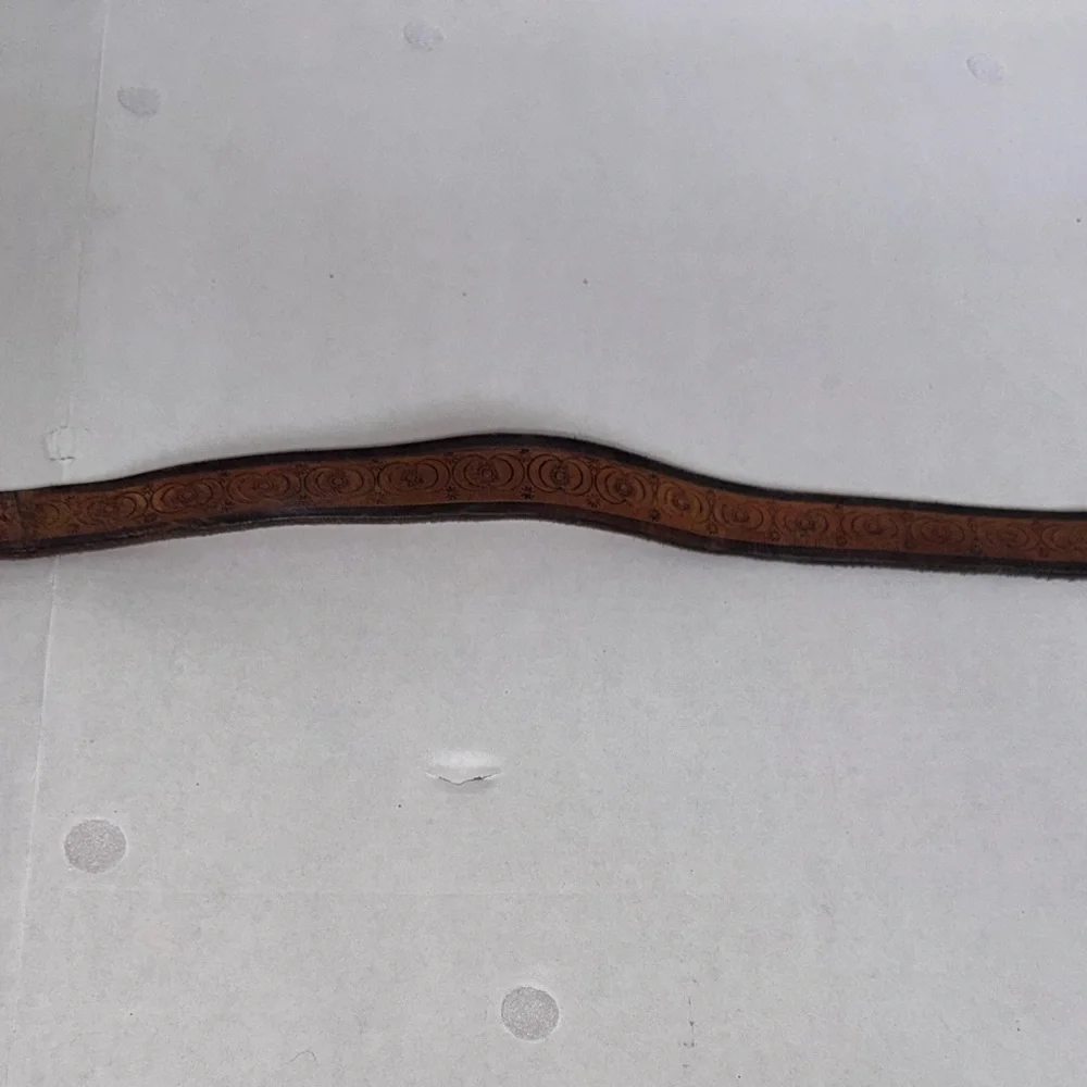 Vintage Leather Belt w/ Silvertone Buckle Marked Solid Brass Tooled Leather 32”
